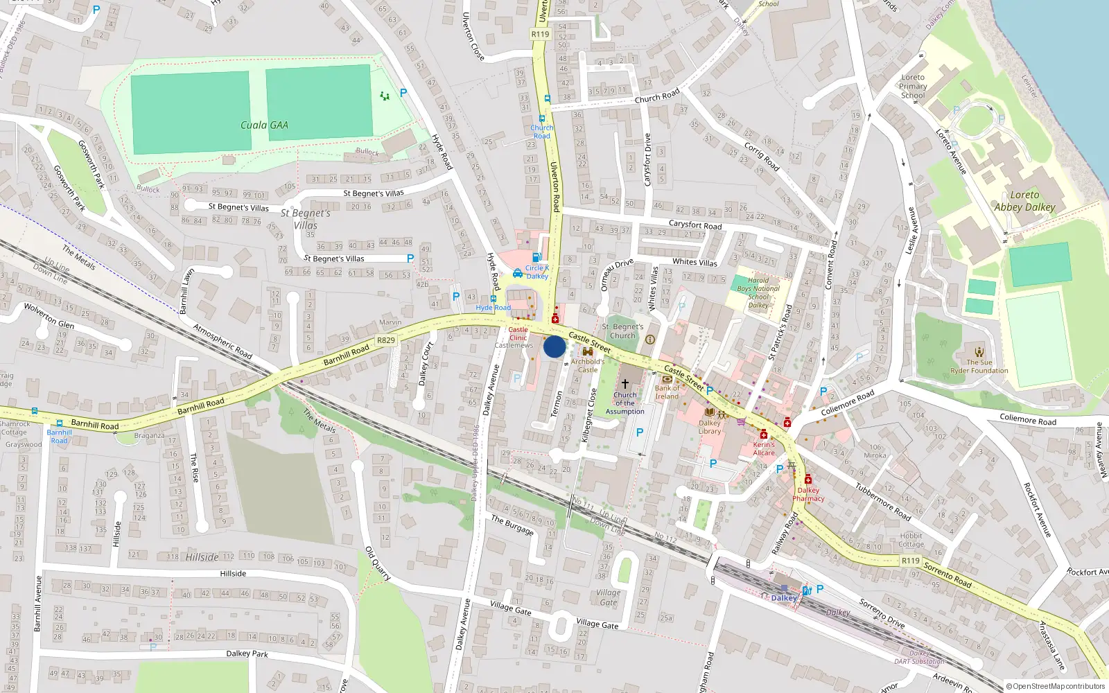 Overhead map showing the location of 11 Termon, 59B Castle Street, Dalkey