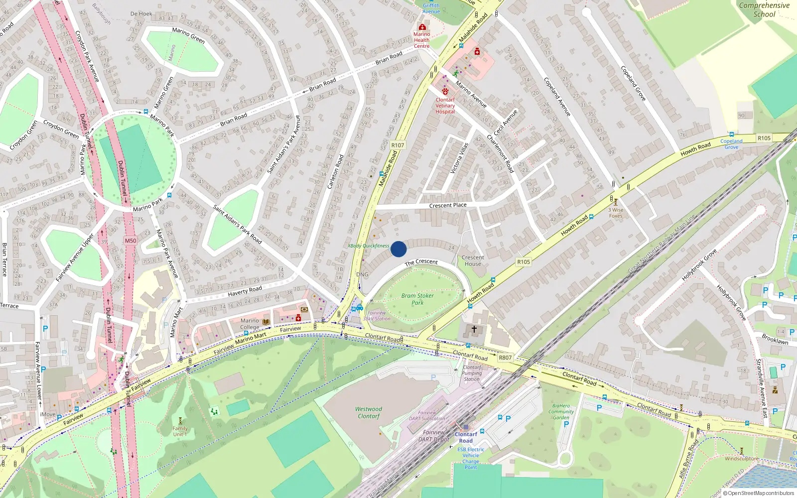 Overhead map showing the location of 11 the Crescent, Howth Road, Dublin 3