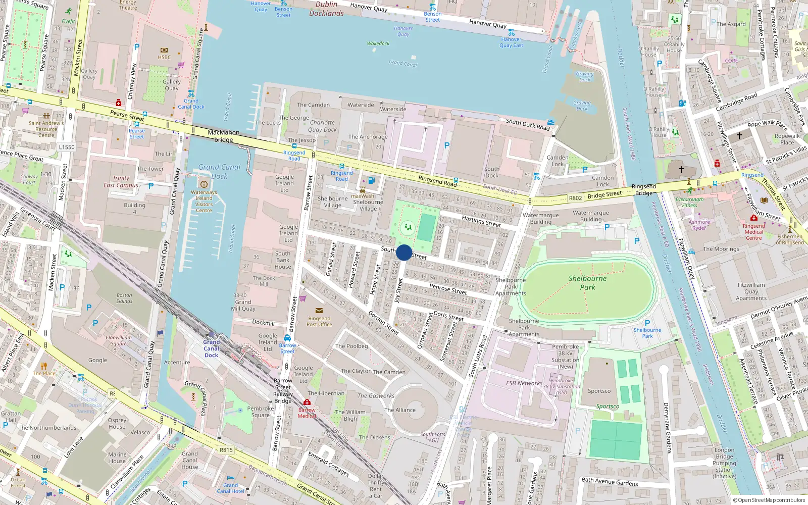 Overhead map showing the location of 11 the Dockyard, South Dock Street, Dublin 4