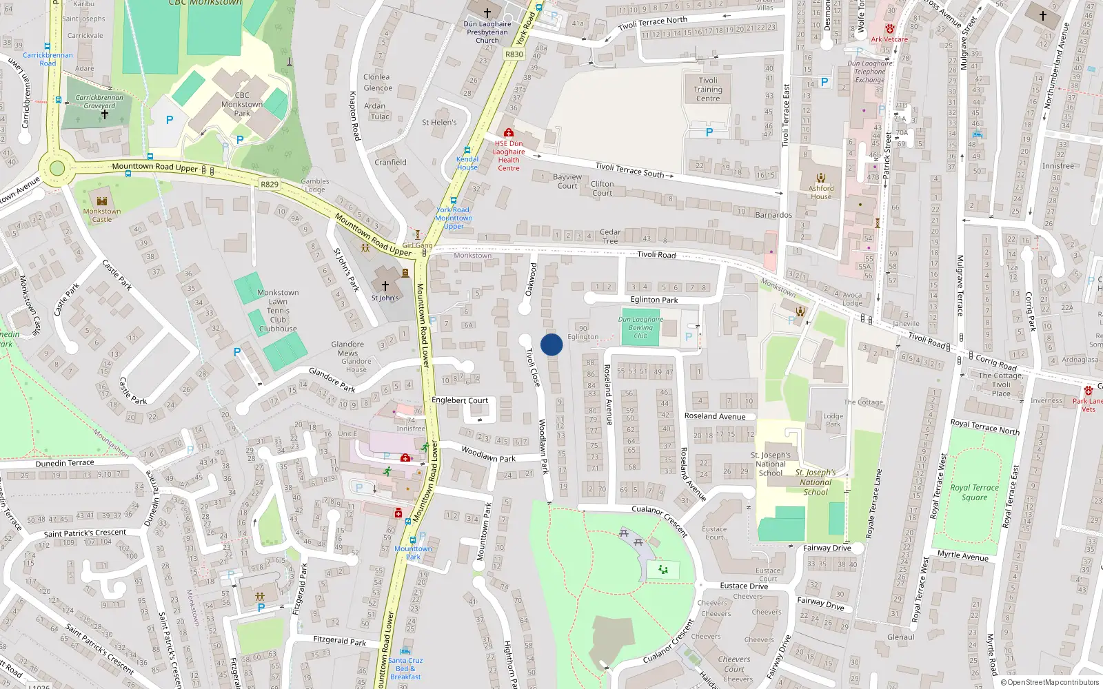Overhead map showing the location of 11 Tivoli Close, Dublin