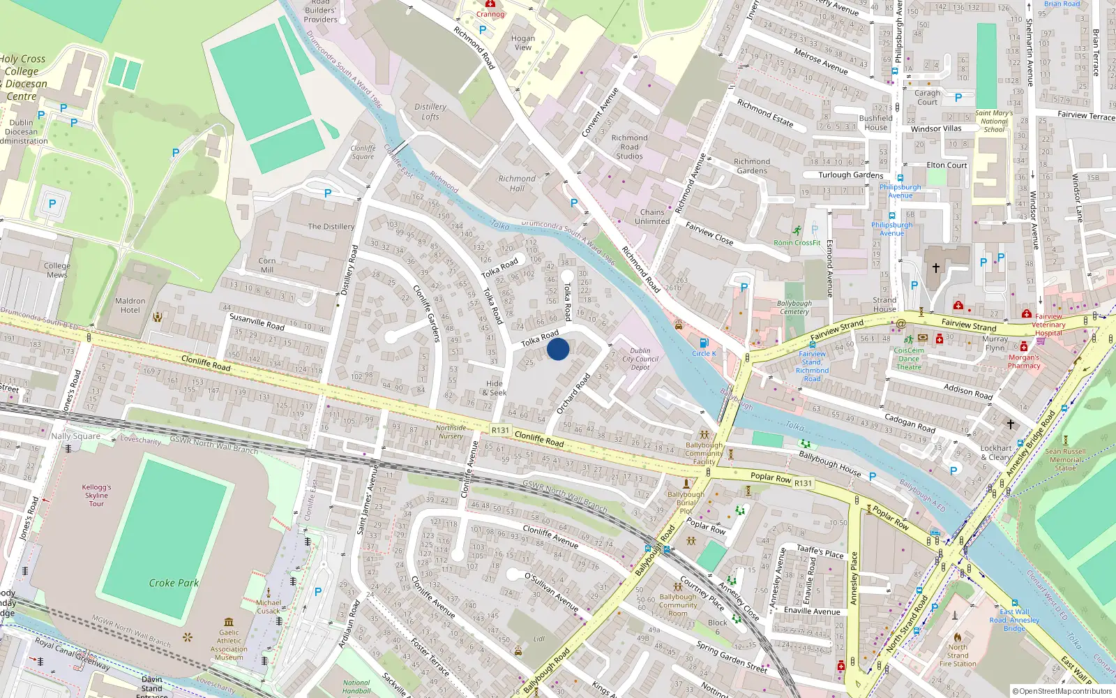 Overhead map showing the location of 11 Tolka Road, Dublin 3