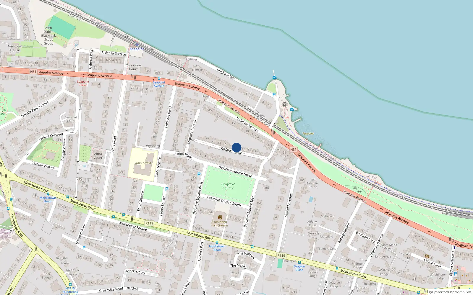 Overhead map showing the location of 11 Trafalgar Lane, Blackrock