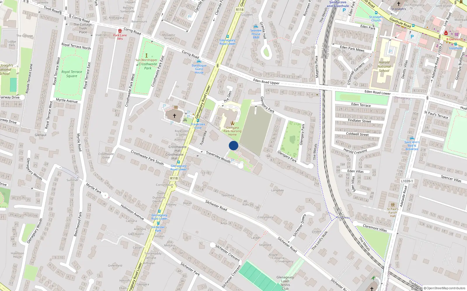 Overhead map showing the location of 11 Traverslea Wood, Glenageary Road Lower, Glenageary
