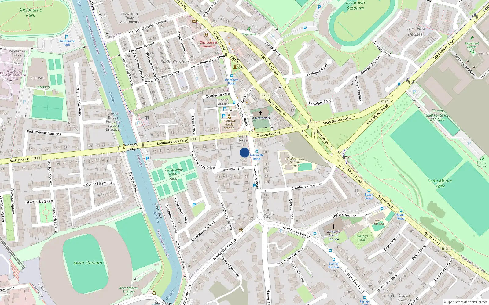 Overhead map showing the location of 11 Tritonville Road, Irishtown