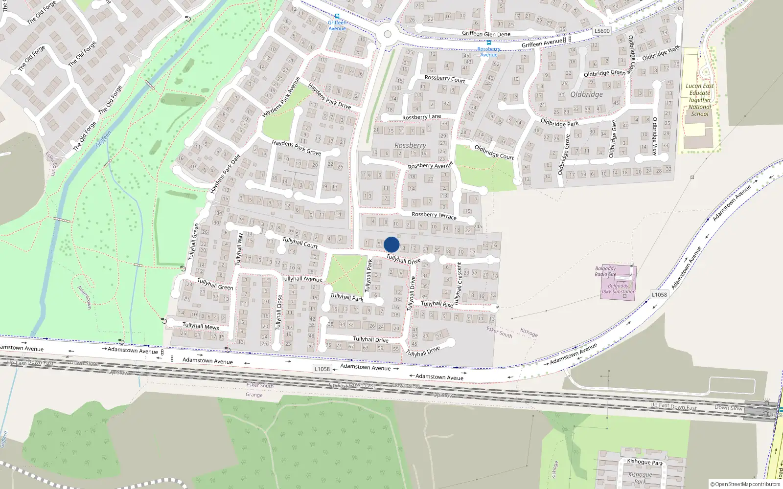 Overhead map showing the location of 11 Tullyhall Drive, Lucan