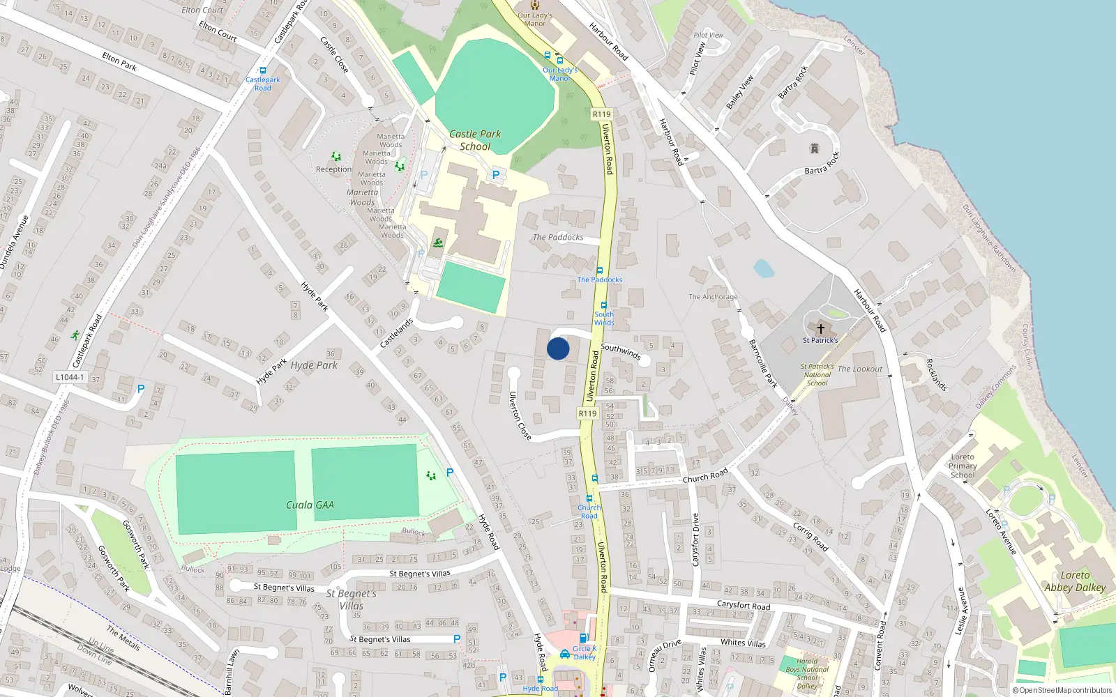 Overhead map showing the location of 11 Ulverton Court, Dalkey