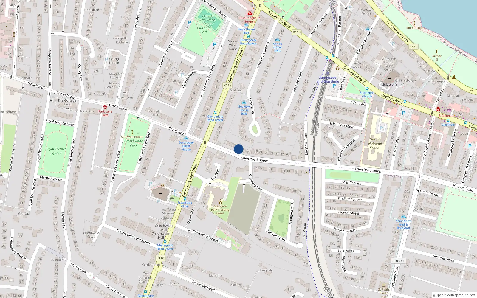 Overhead map showing the location of 11 Upper Eden Road, Glasthule, Dublin