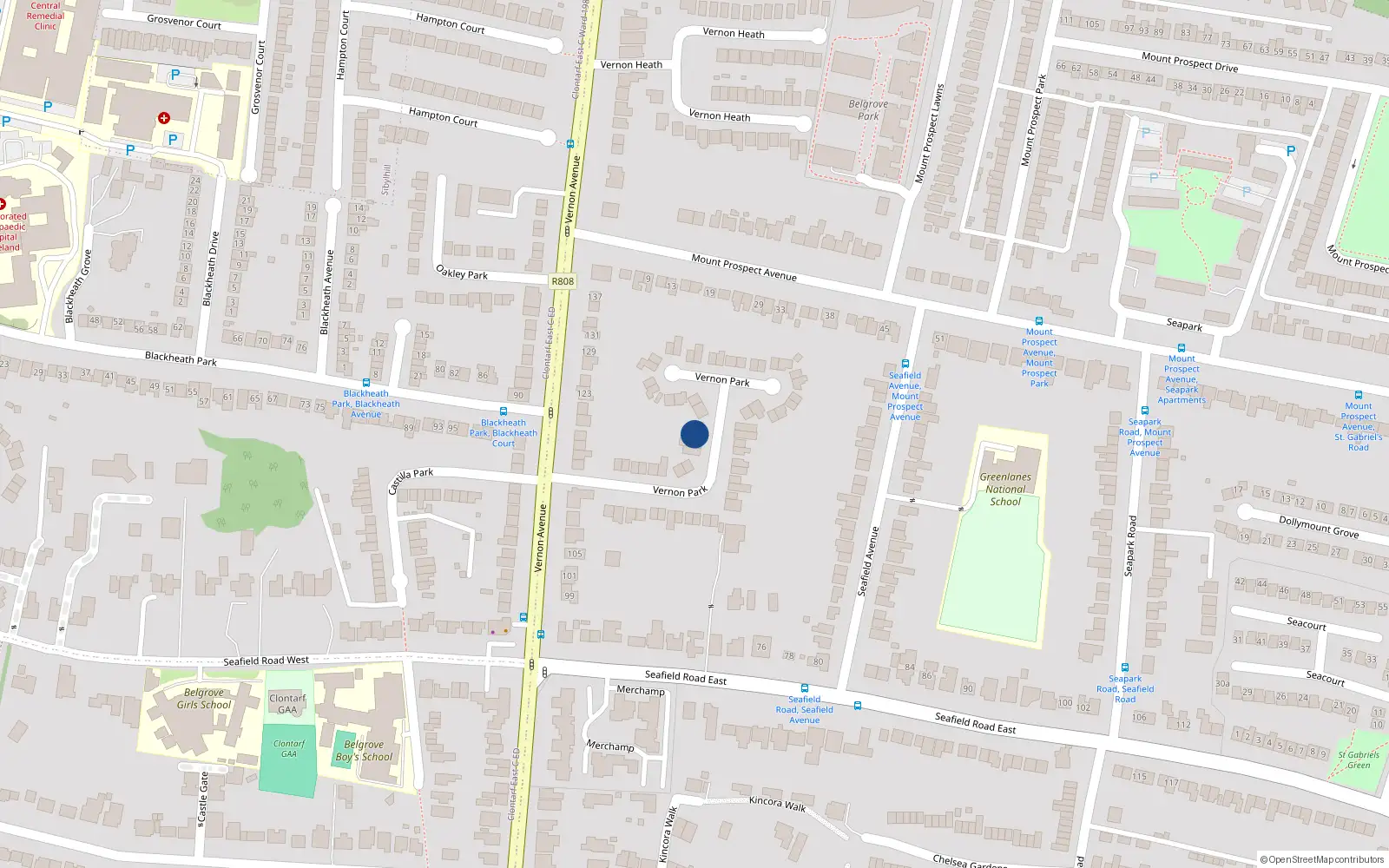 Overhead map showing the location of 11 Vernon Park, Clontarf, Dublin 3