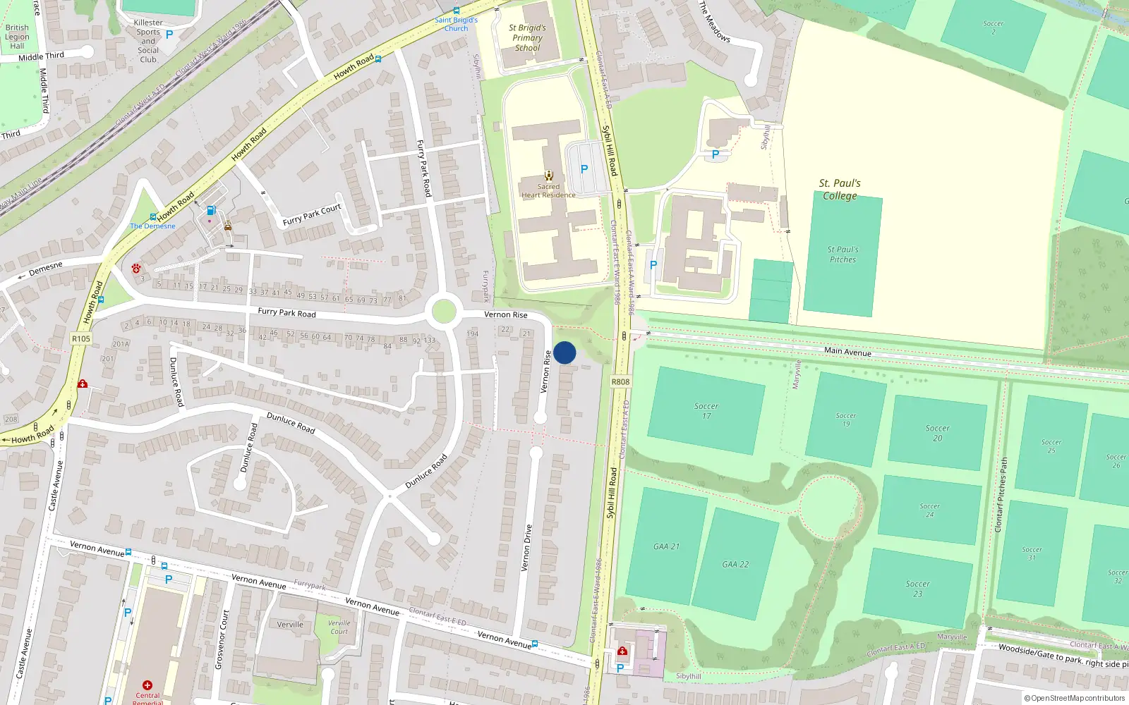 Overhead map showing the location of 11 Vernon Rise, Clontarf, Dublin 3