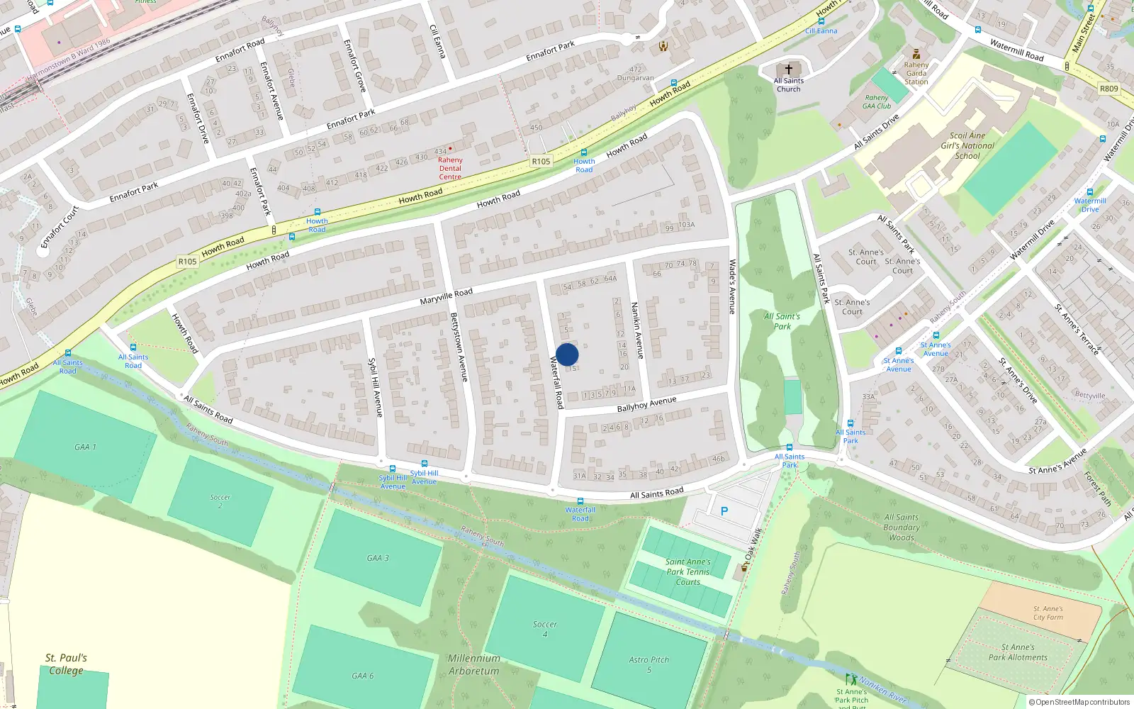 Overhead map showing the location of 11 Waterfall Road, Raheny, Dublin 3