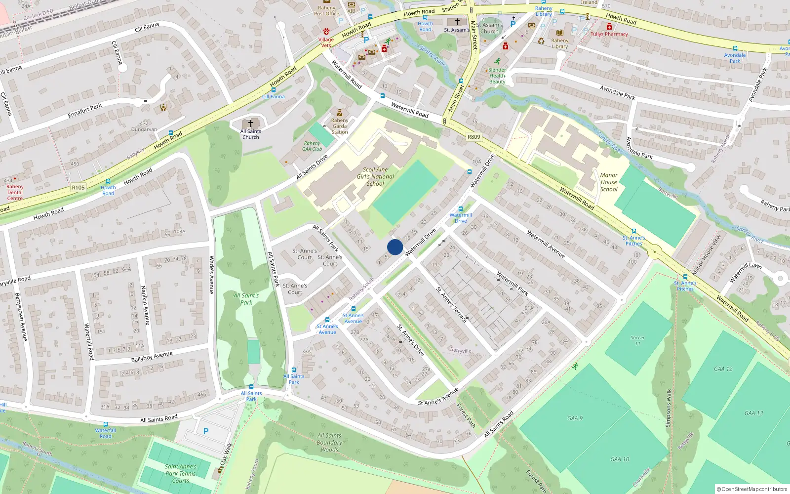 Overhead map showing the location of 11 Watermill Drive, Dublin 5