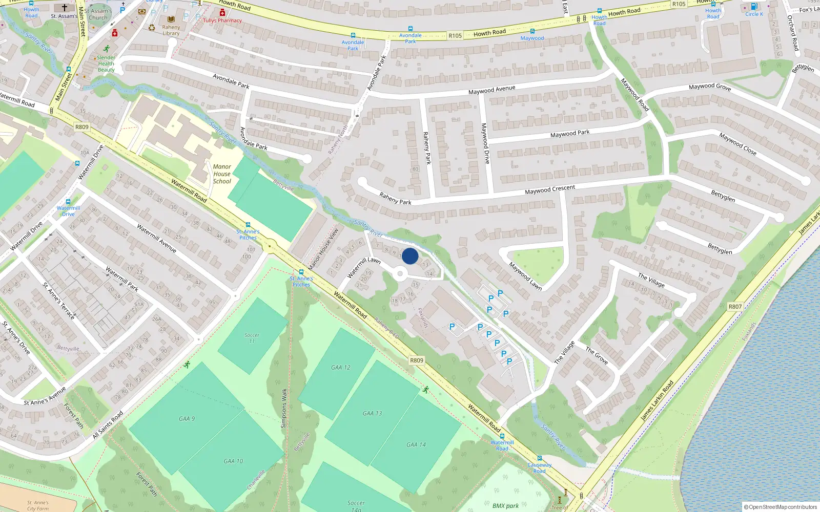 Overhead map showing the location of 11 Watermill Lawn, Dublin 5