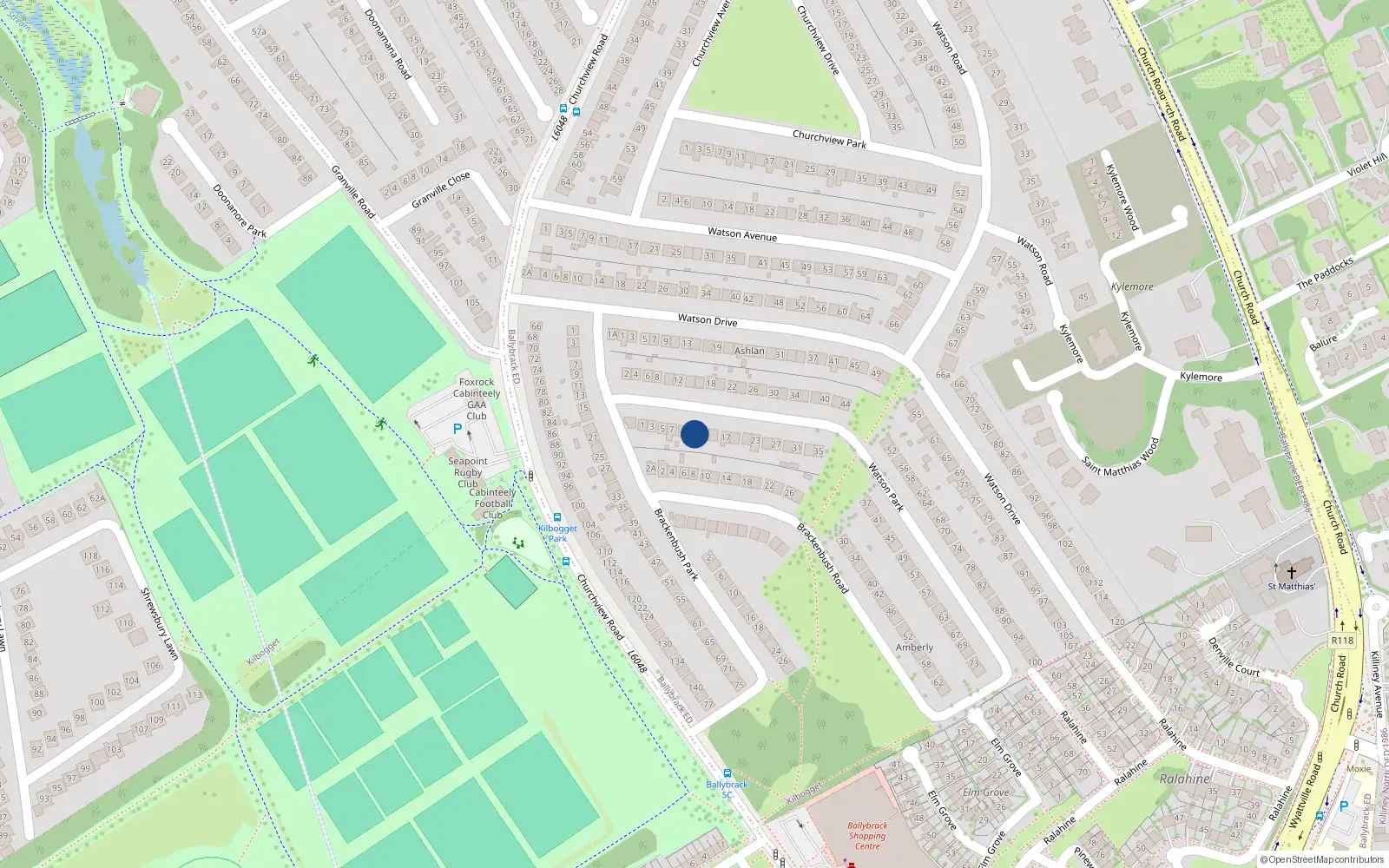 Overhead map showing the location of 11 Watson Park, Killiney, Dublin