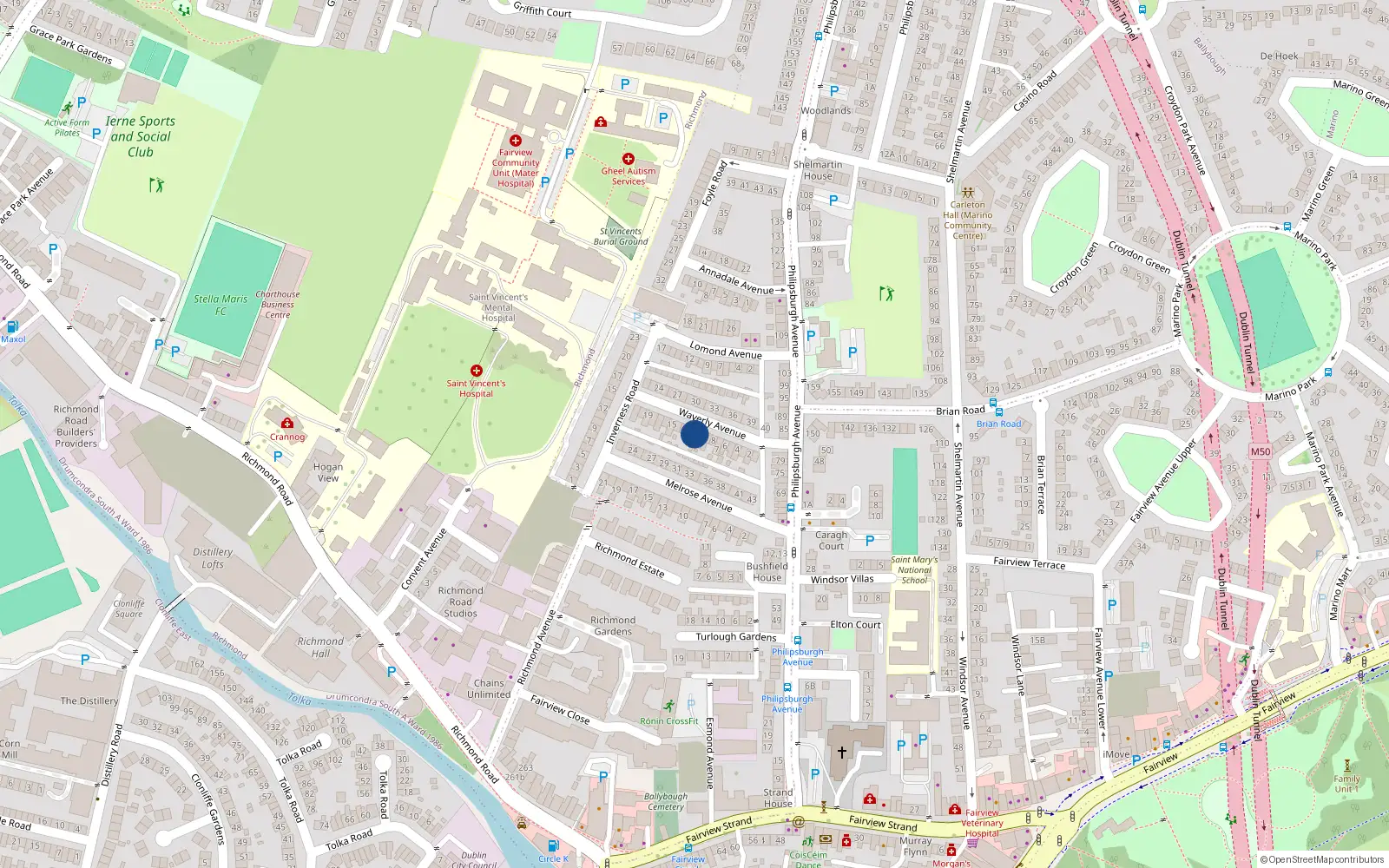 Overhead map showing the location of 11 Waverley Avenue, Dublin 3