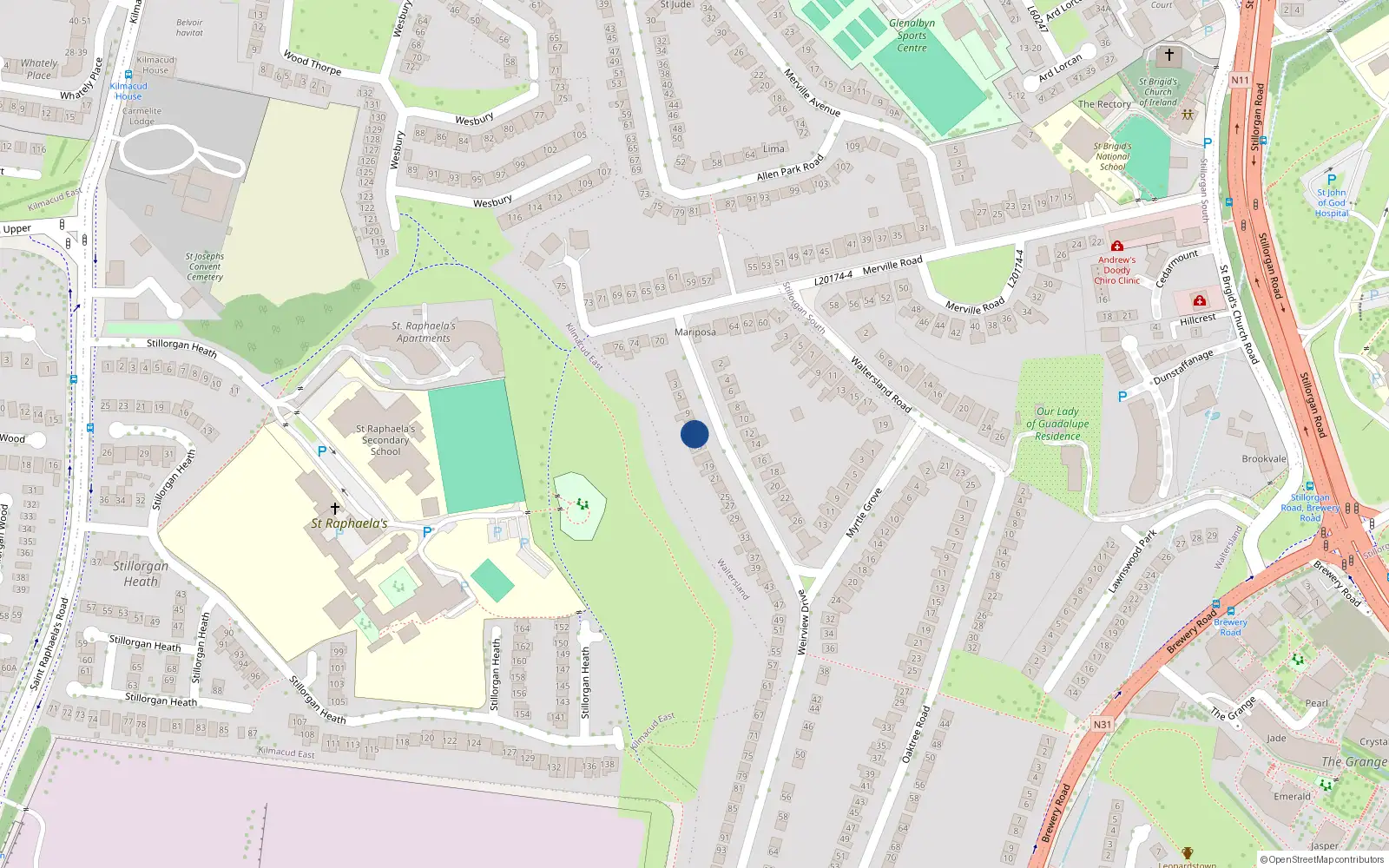 Overhead map showing the location of 11 Weirview Drive, Co. Dublin