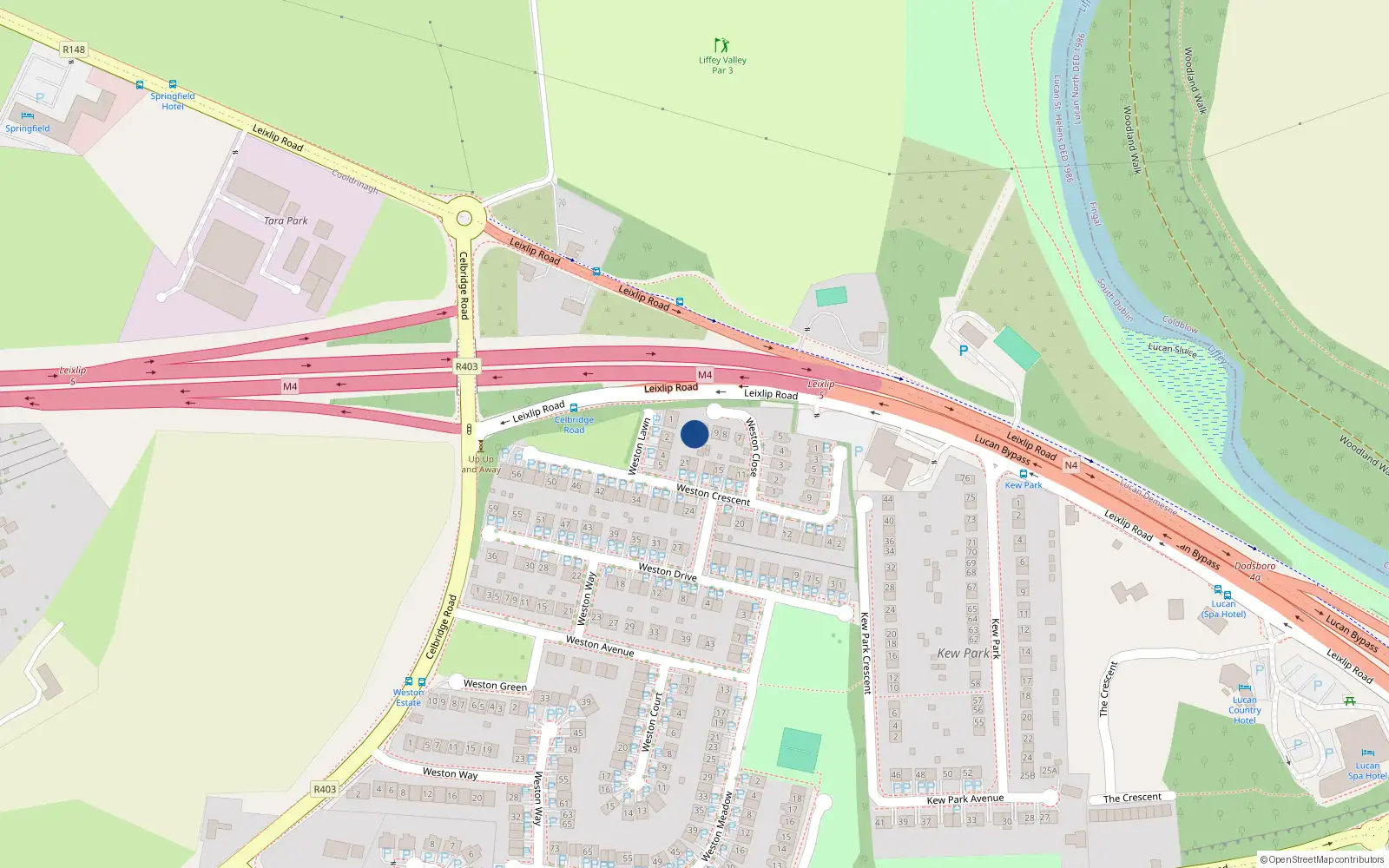 Overhead map showing the location of 11 Weston Close, Lucan