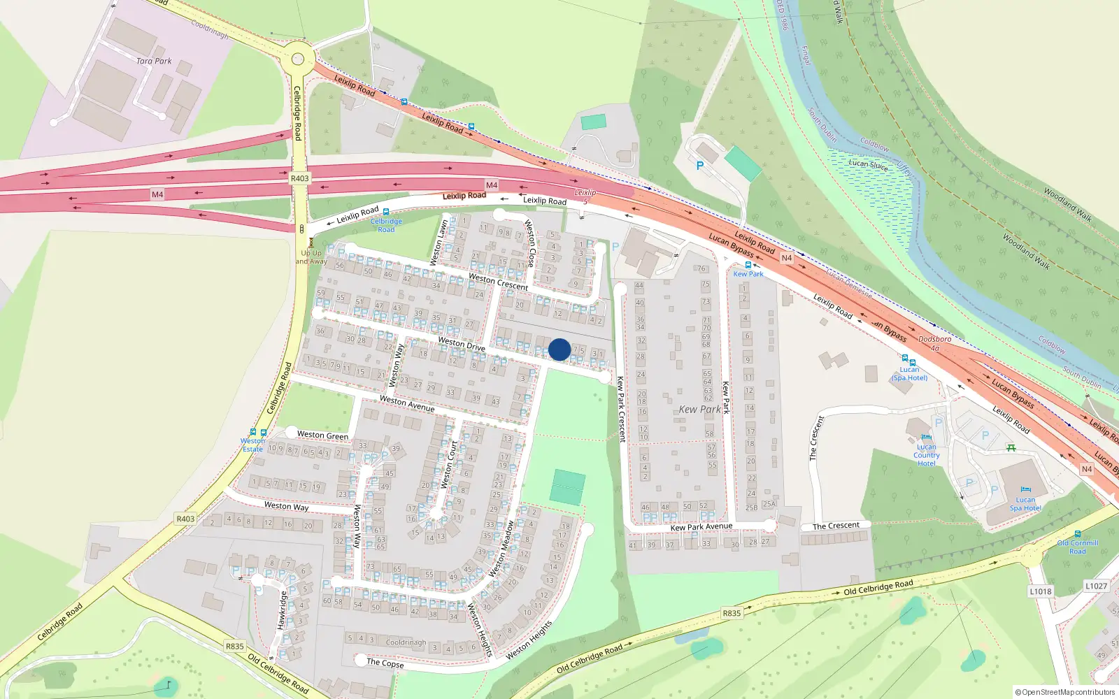 Overhead map showing the location of 11 Weston Drive, Weston Park, Lucan