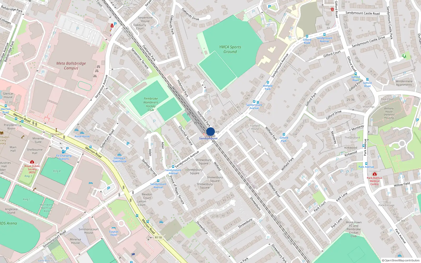 Overhead map showing the location of 11 Willfield, Sandymount Avenue, Sandymount