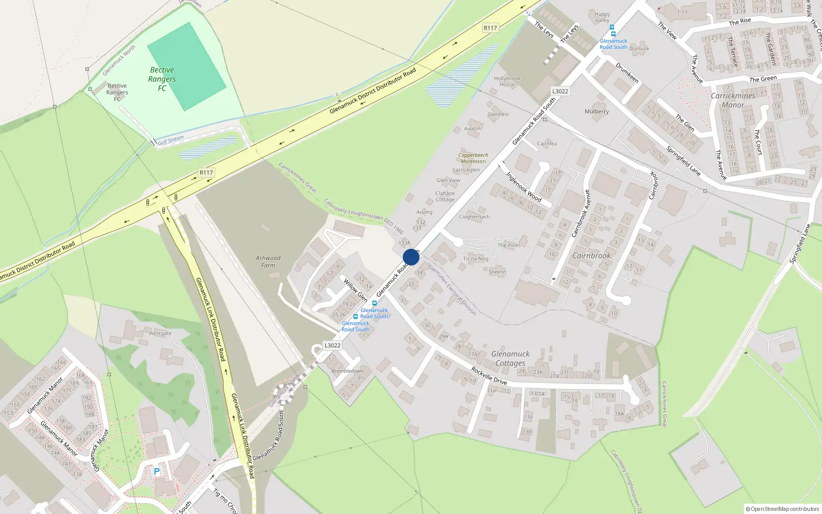 Overhead map showing the location of 11 Glenamuck Road