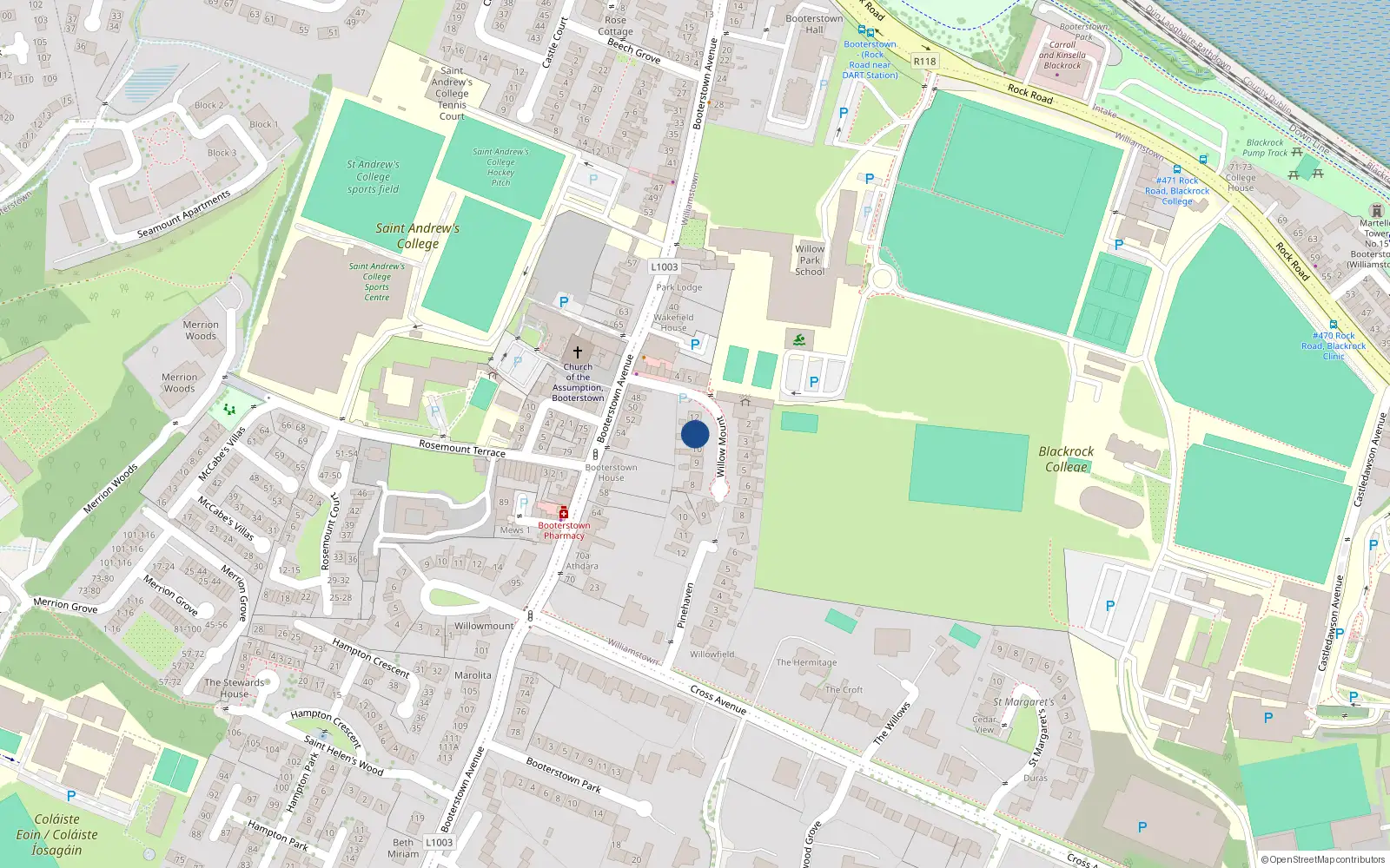 Overhead map showing the location of 11 Willowmount, Booterstown Avenue, Blackrock