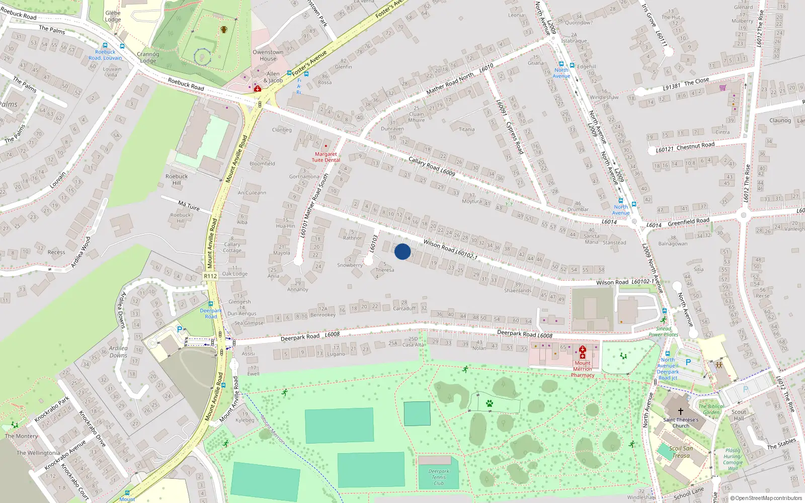 Overhead map showing the location of 11 Wilson Road, Mount Merrion, Co Dublin