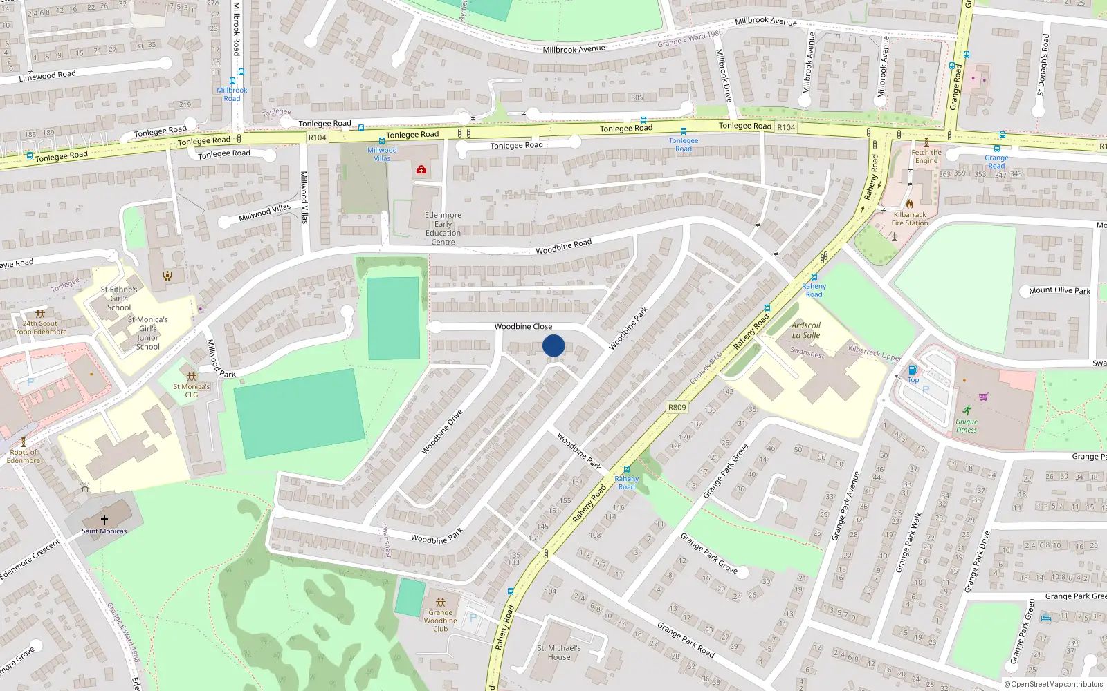 Overhead map showing the location of 11 Woodbine Close, Dublin 5