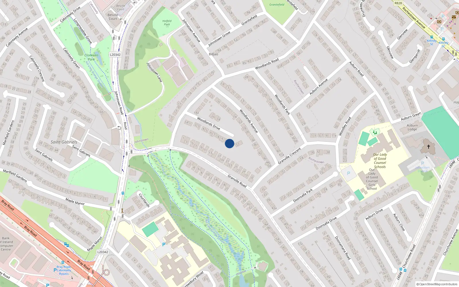 Overhead map showing the location of 11 Woodlands Drive, Dun Laoghaire, Dublin