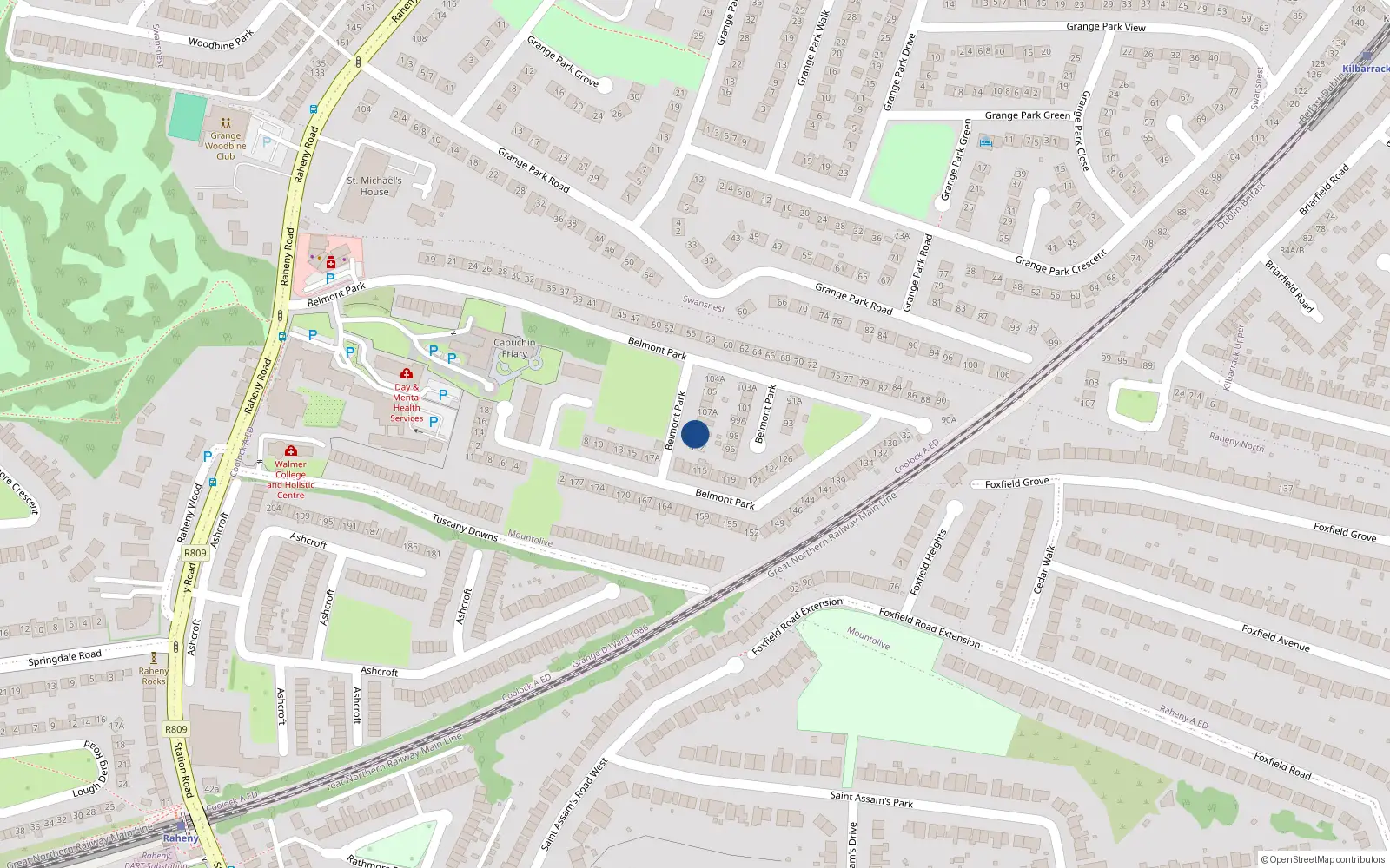 Overhead map showing the location of 110 Belmont Park, Raheny, Dublin 5