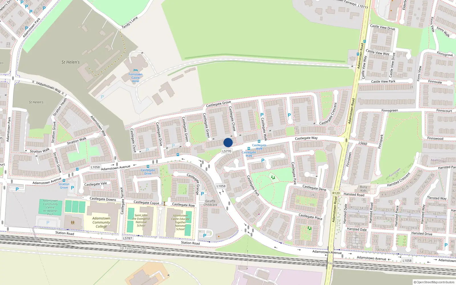 Overhead map showing the location of 110 Castlegate Way, Lucan