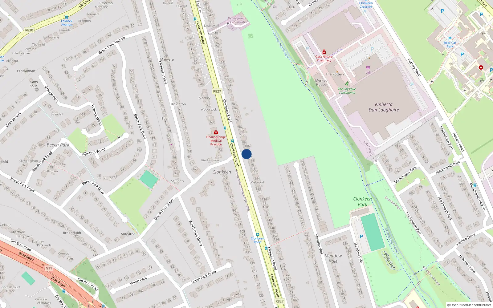 Overhead map showing the location of 110 Clonkeen Road, Blackrock, Dublin