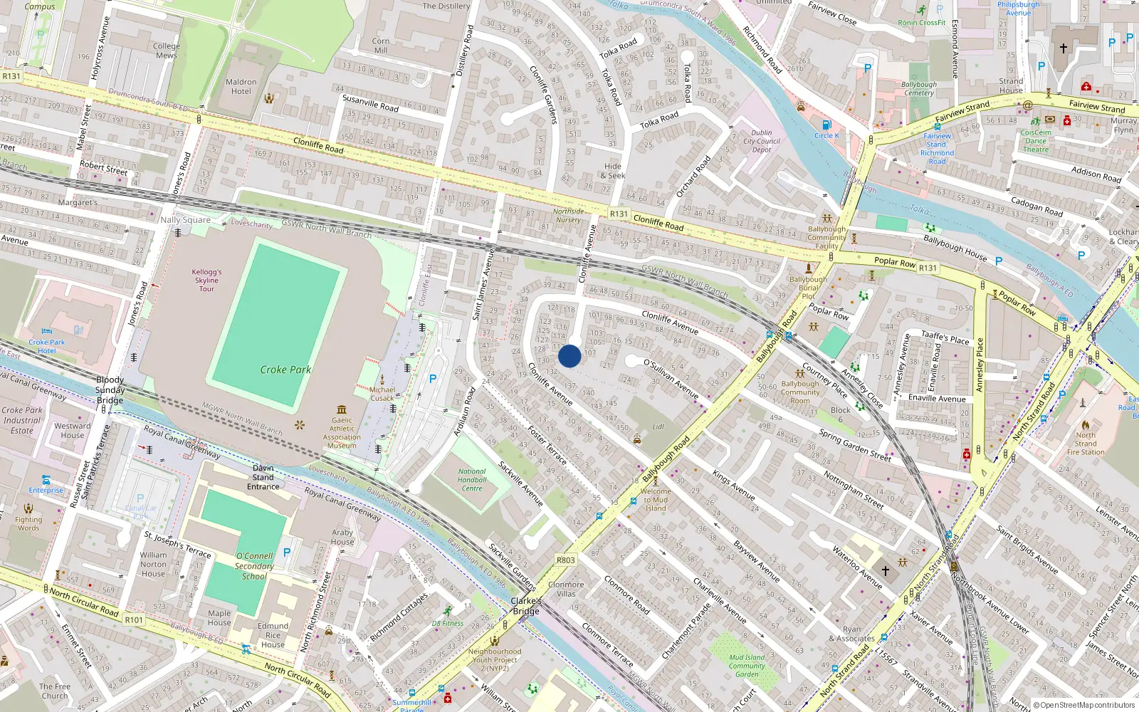 Overhead map showing the location of 110 Clonliffe Avenue, Dublin 3