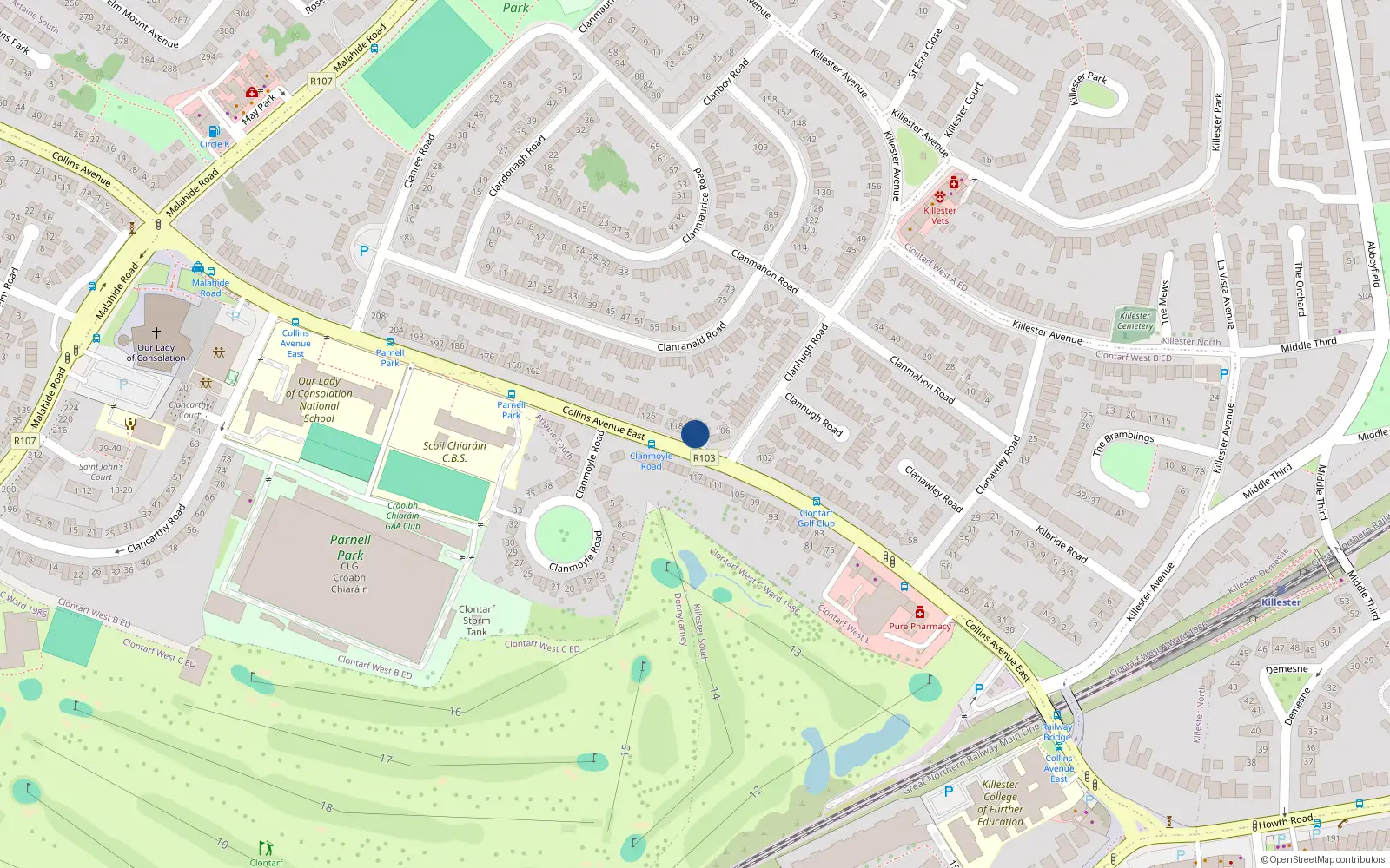 Overhead map showing the location of 110 Collins Avenue East, Dublin 5