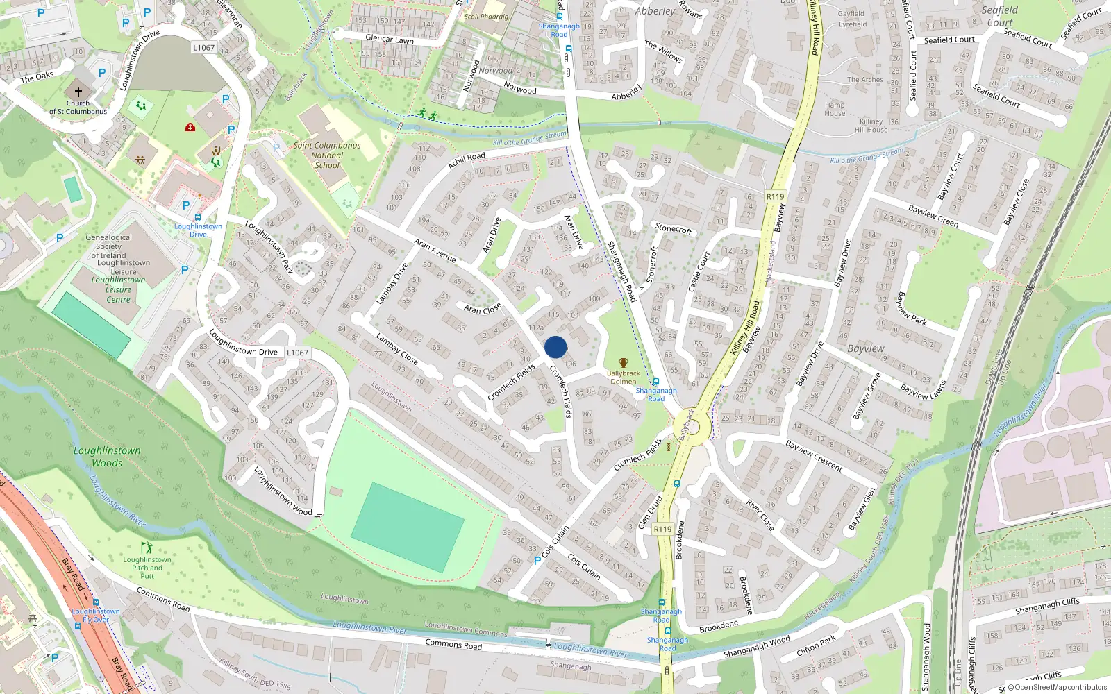 Overhead map showing the location of 110 Cromlech Fields, Ballybrack, Glenageary