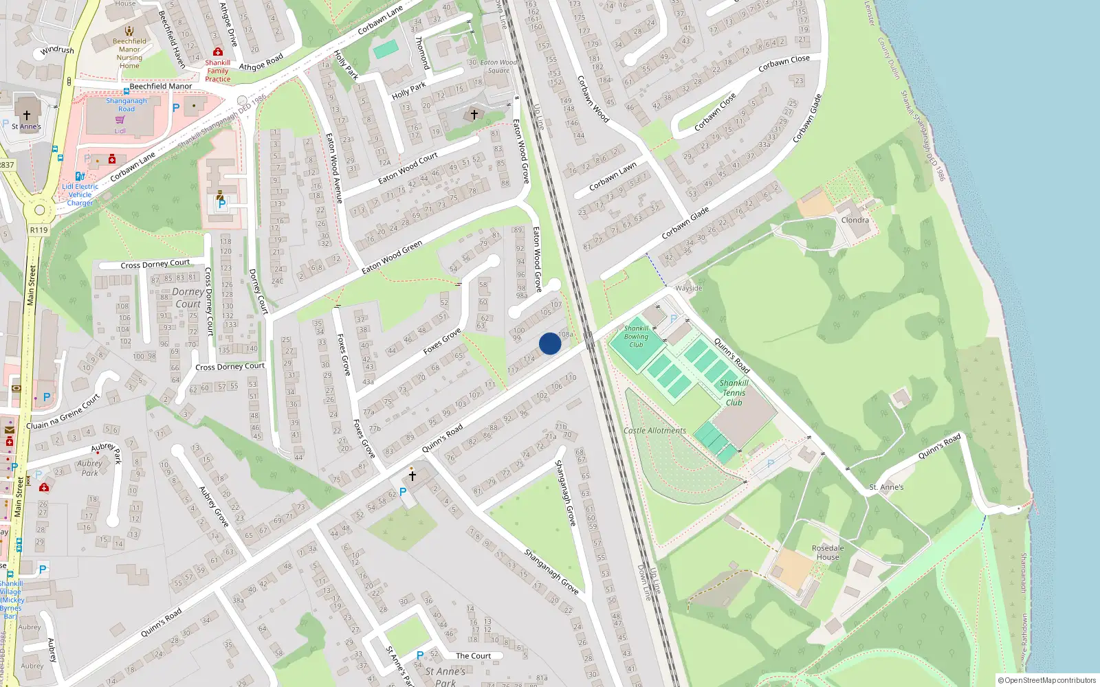 Overhead map showing the location of 110 Eaton Wood, Quinn's Road, Shankill