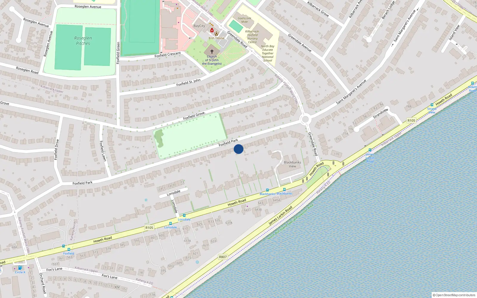 Overhead map showing the location of 110 Foxfield Park, Dublin 5