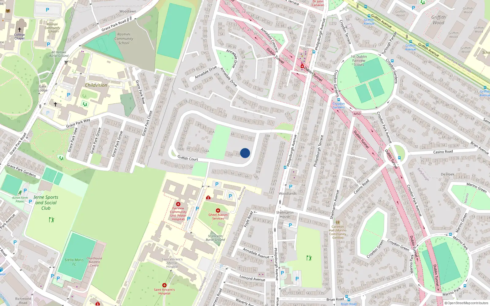 Overhead map showing the location of 110 Griffith Court, Dublin 3