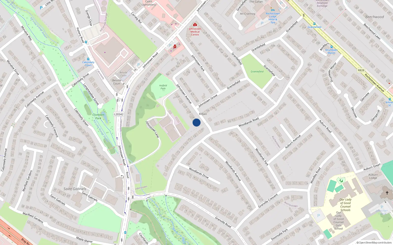Overhead map showing the location of 110 Johnstown Avenue, Dun Laoghaire, Dublin