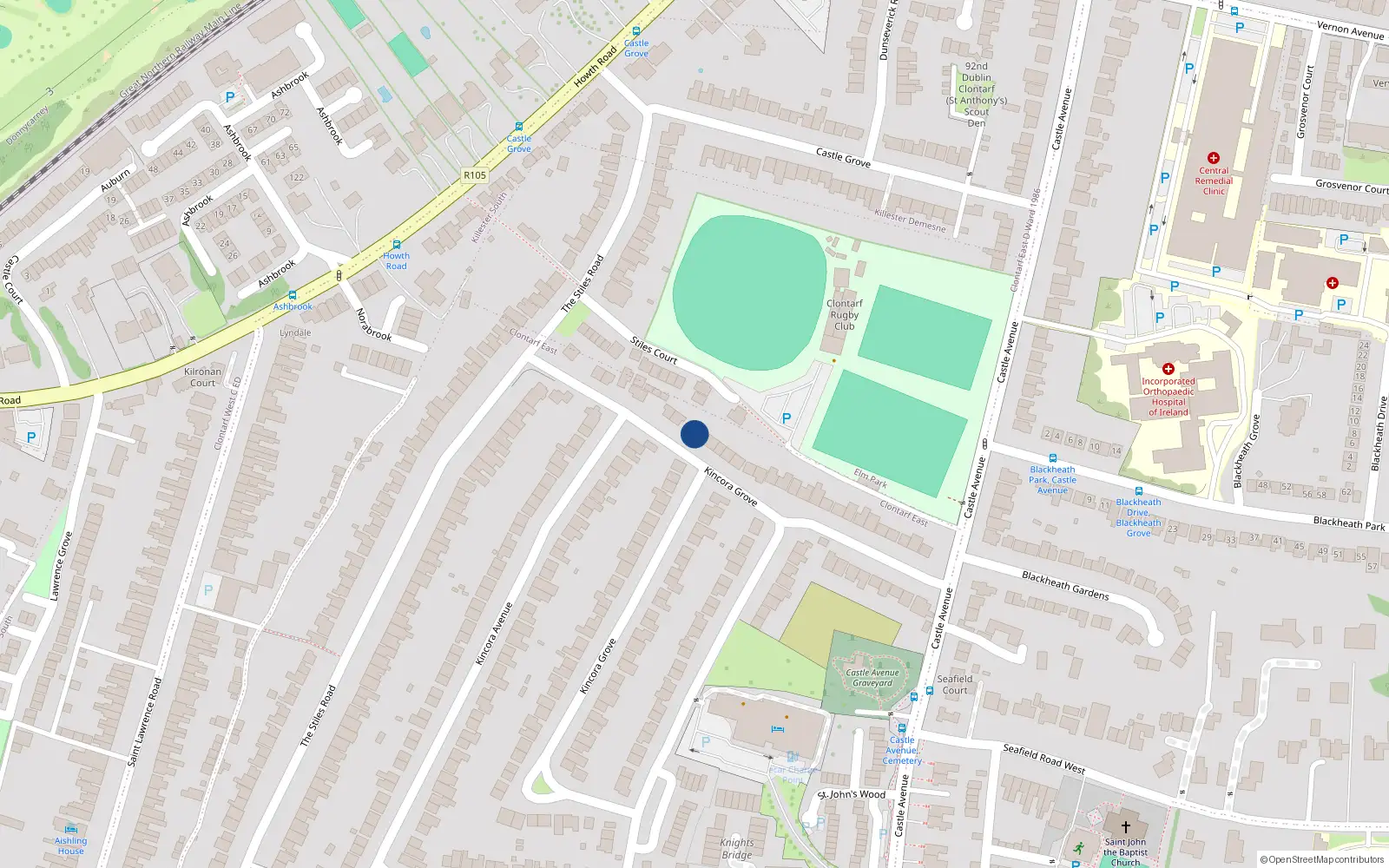 Overhead map showing the location of 110 Kincora Grove, Clontarf, Dublin 3