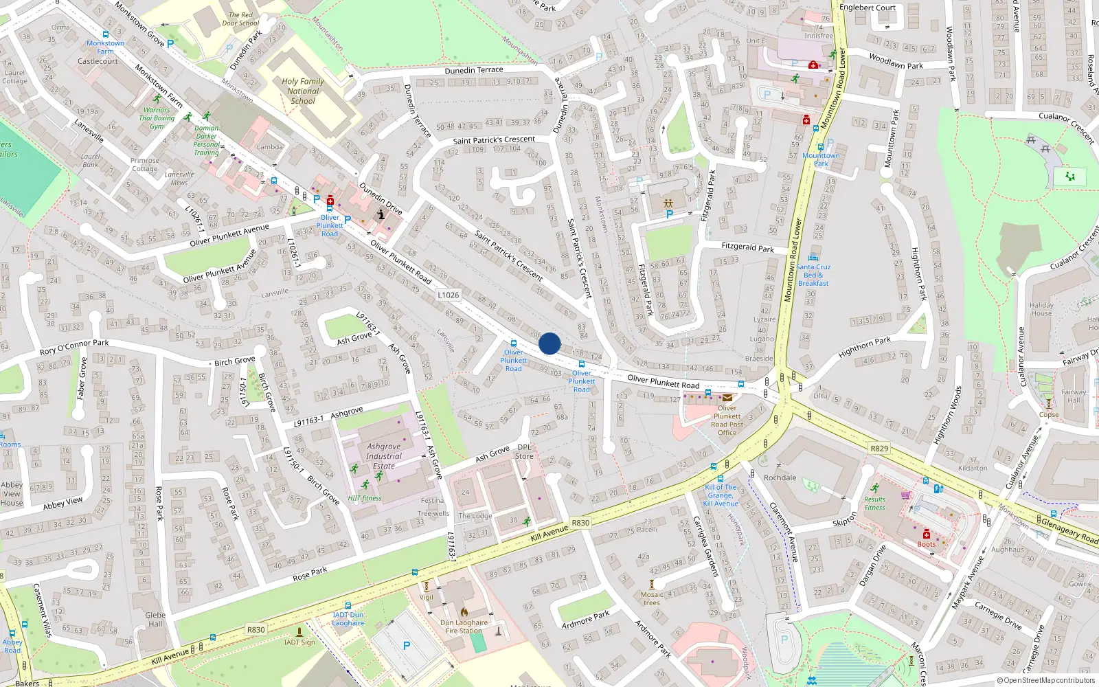 Overhead map showing the location of 110 Oliver Plunkett Road, Monkstown, Dublin
