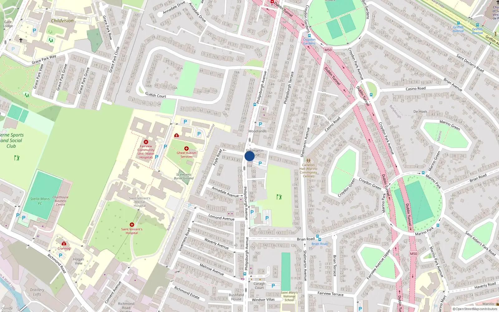 Overhead map showing the location of 110 Philisburgh Avenue, Fairview, Dublin 3