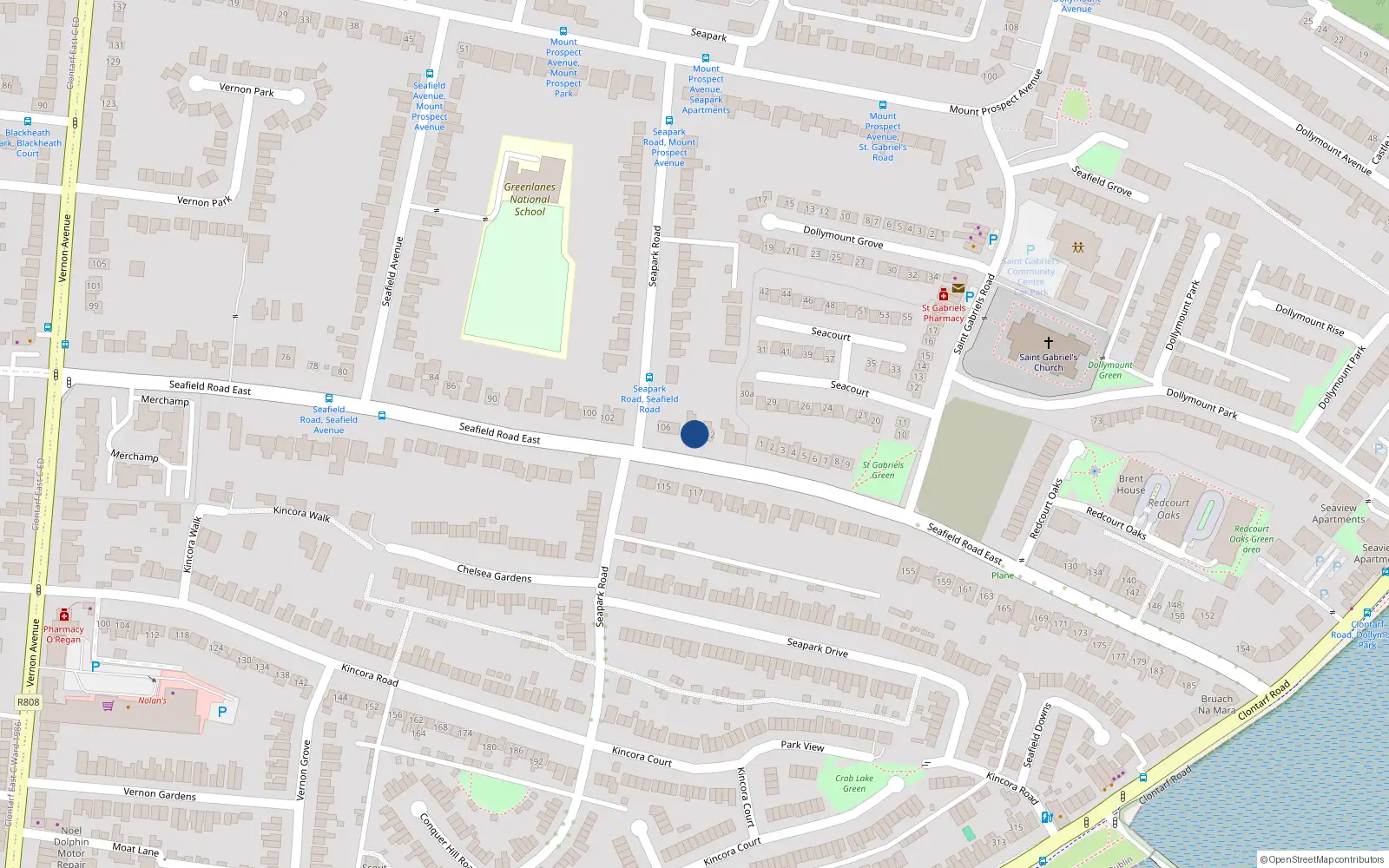 Overhead map showing the location of 110 Seafield Road East, Clontarf, Dublin 3
