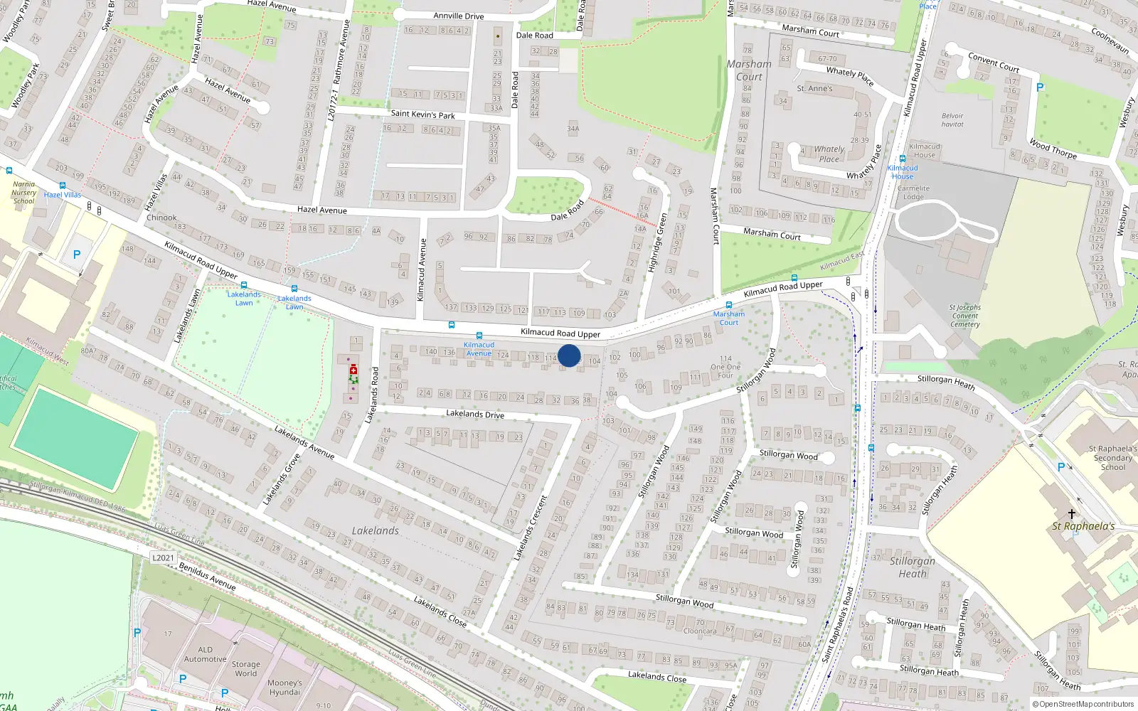 Overhead map showing the location of 110 Kilmacud Road Upper, Blackrock