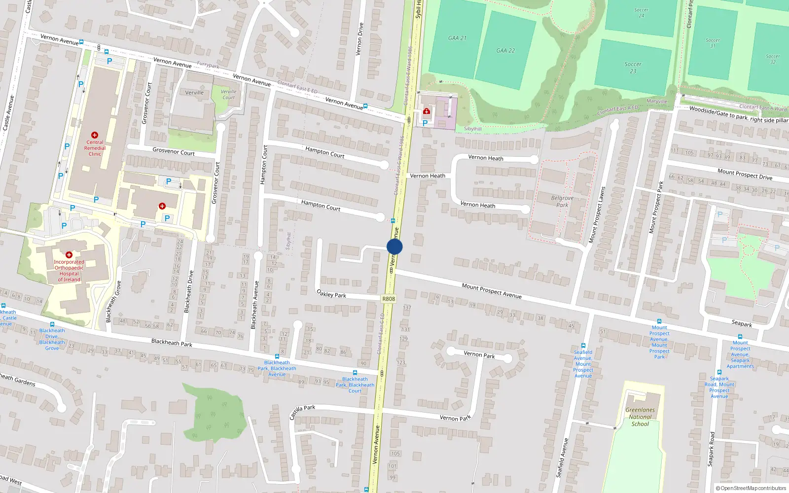Overhead map showing the location of 110 Vernon Avenue, Clontarf