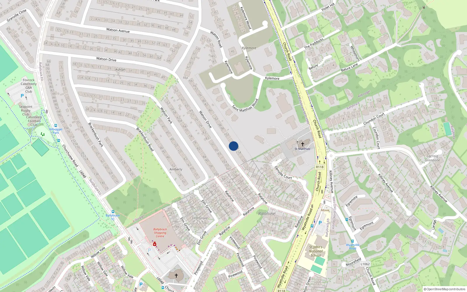 Overhead map showing the location of 110 Watson Drive, Dun Laoghaire, Dublin