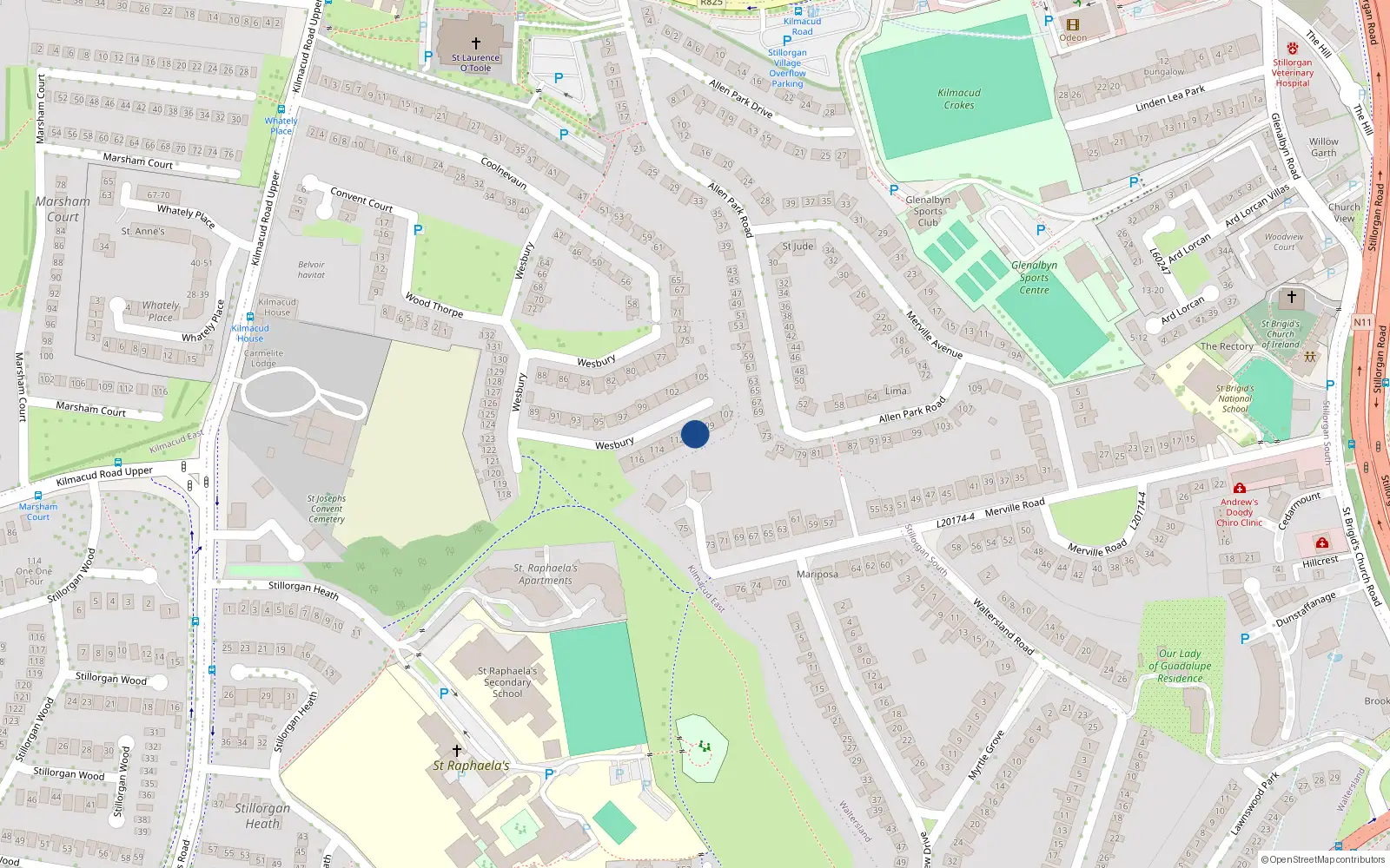 Overhead map showing the location of 110 Wesbury, Stillorgan, Co Dublin