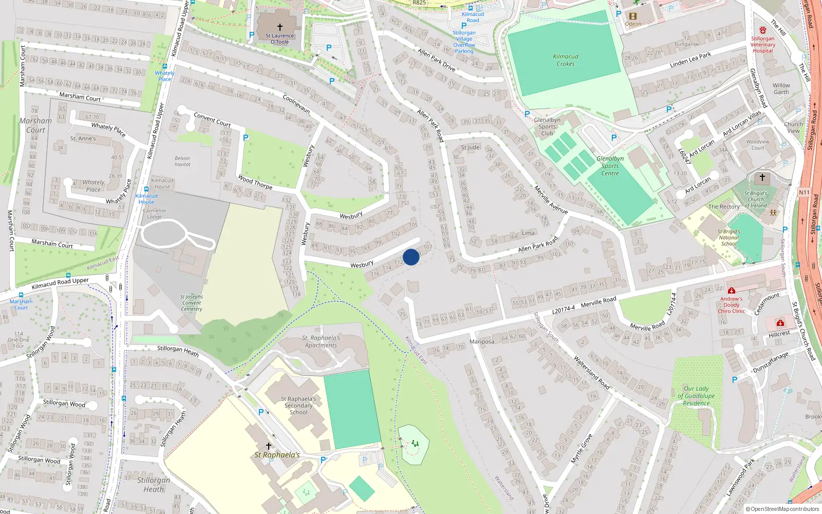 Overhead map showing the location of 110 Wesbury, Dublin