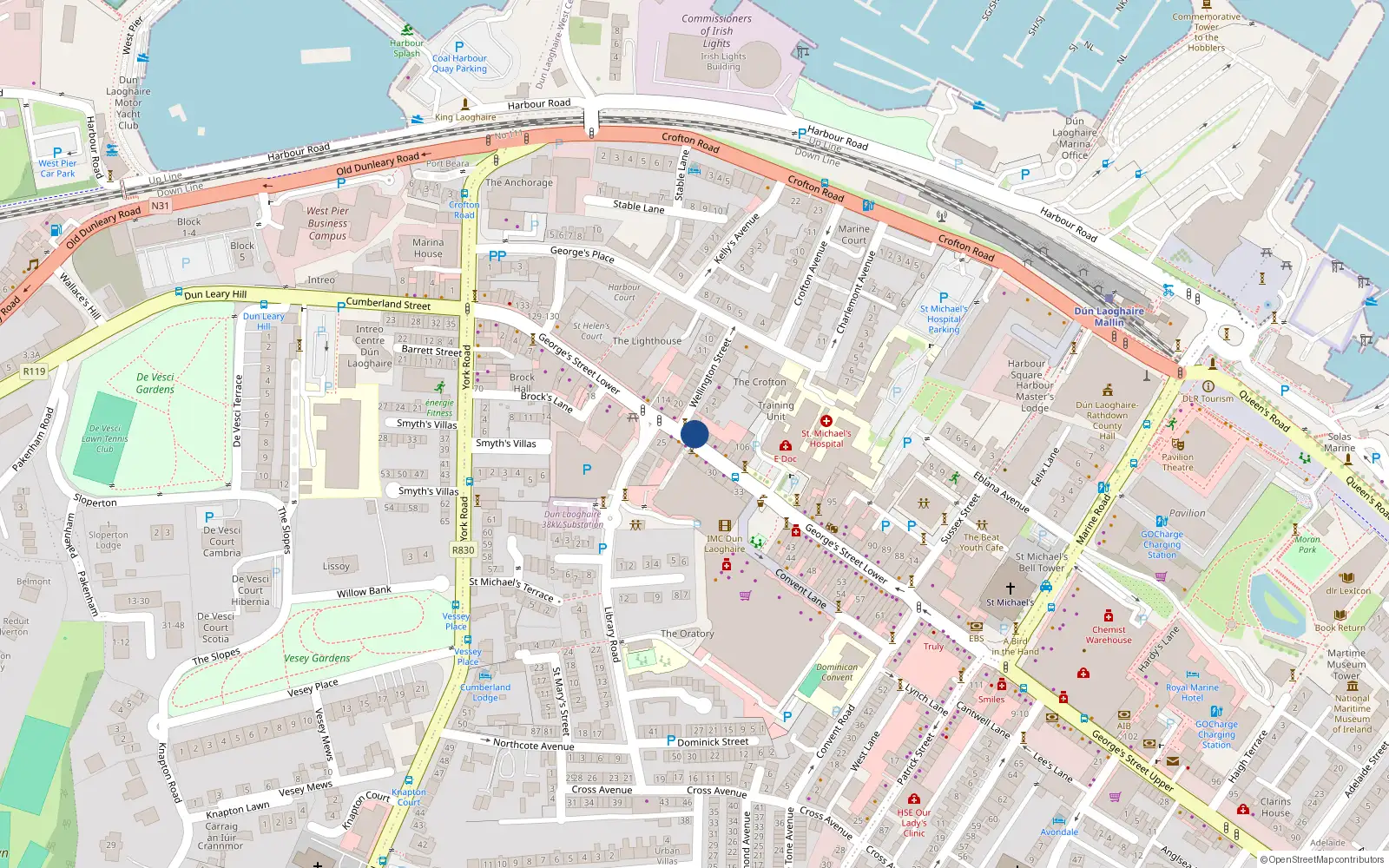 Overhead map showing the location of 110A Georges St Lower, Dun Laoghaire, Dublin