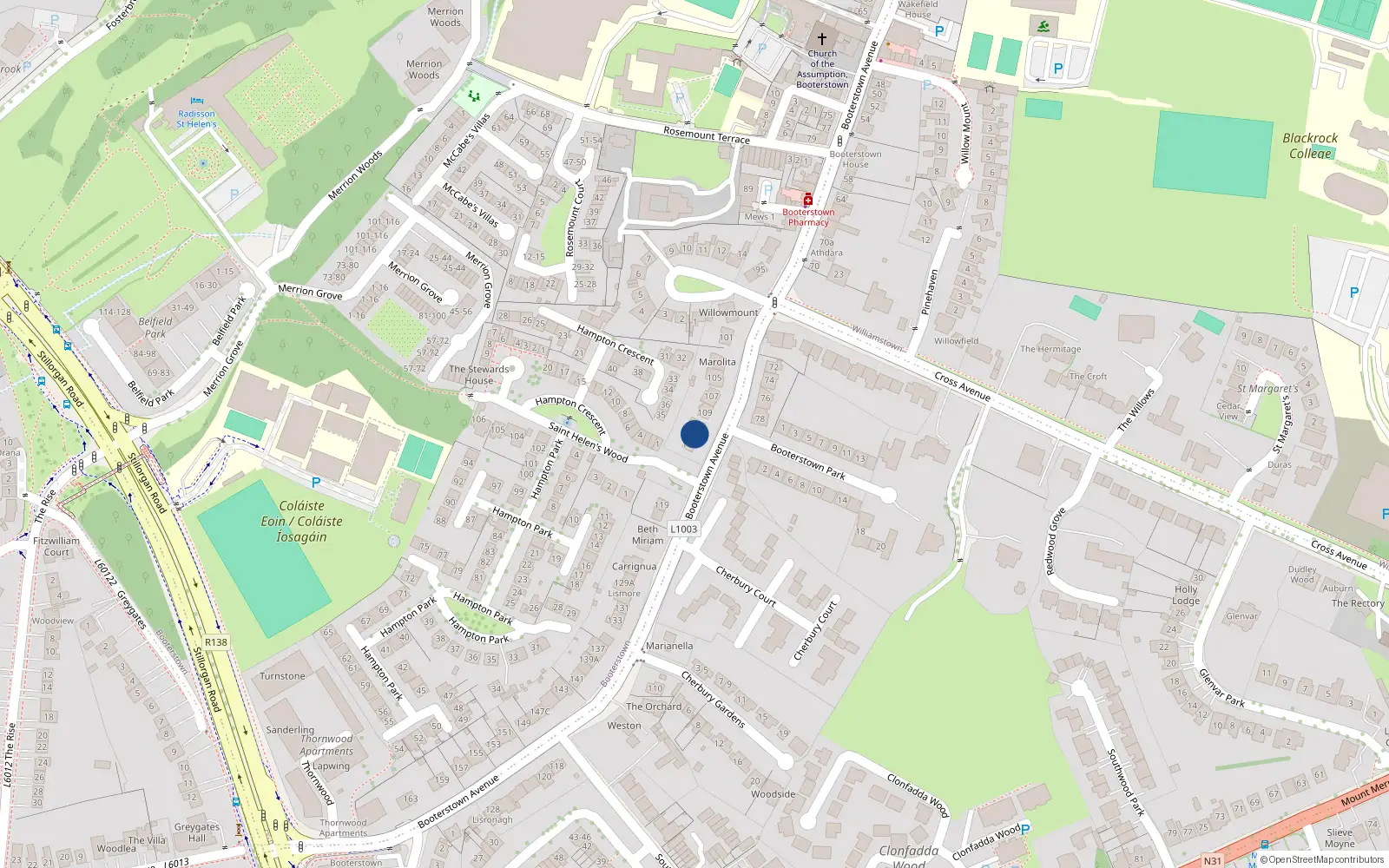 Overhead map showing the location of 111 Booterstown Avenue, Blackrock