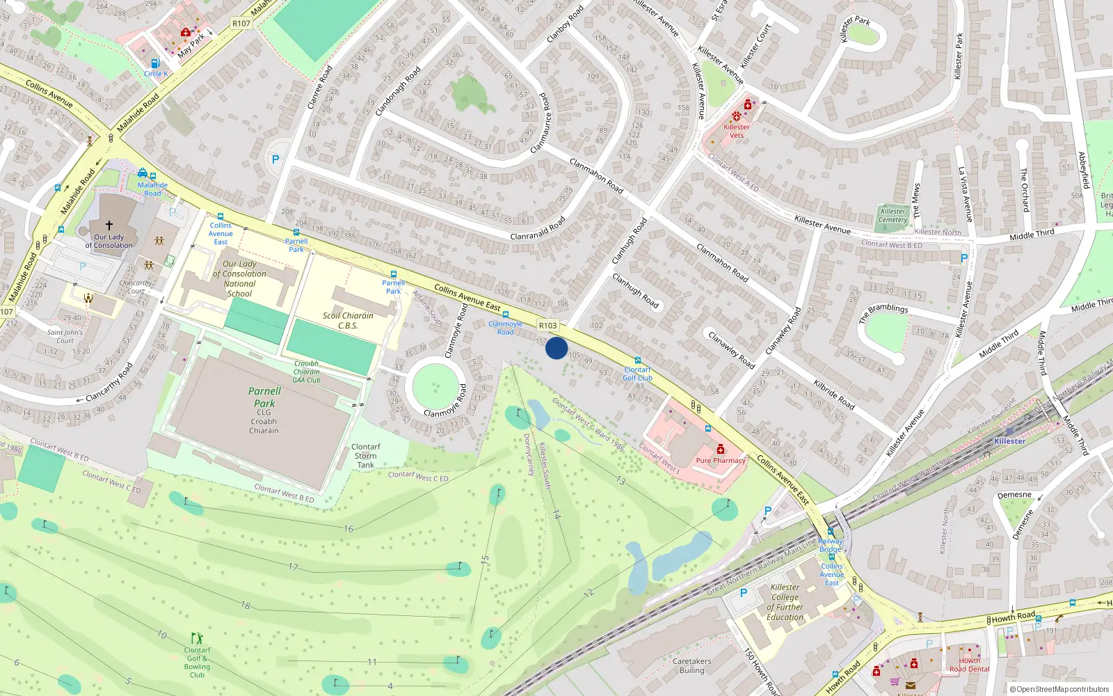 Overhead map showing the location of 111 Colins Avenue, Killester, Dublin 5