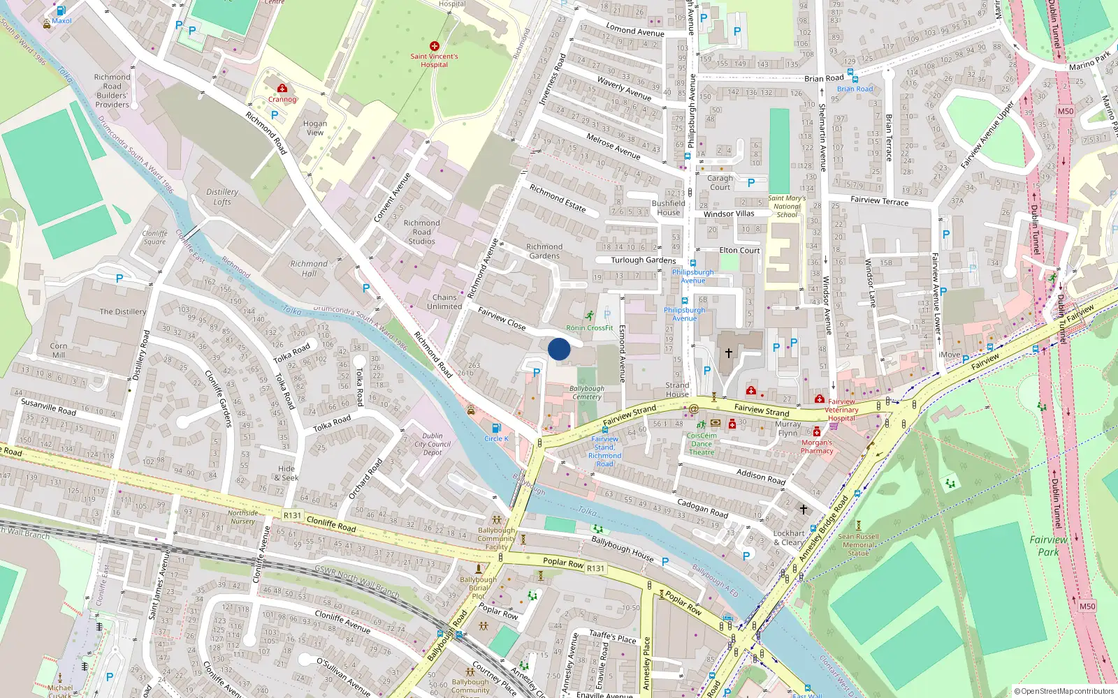Overhead map showing the location of 111 Fairview Close, Richmond Avenue, Fairview Dublin 3
